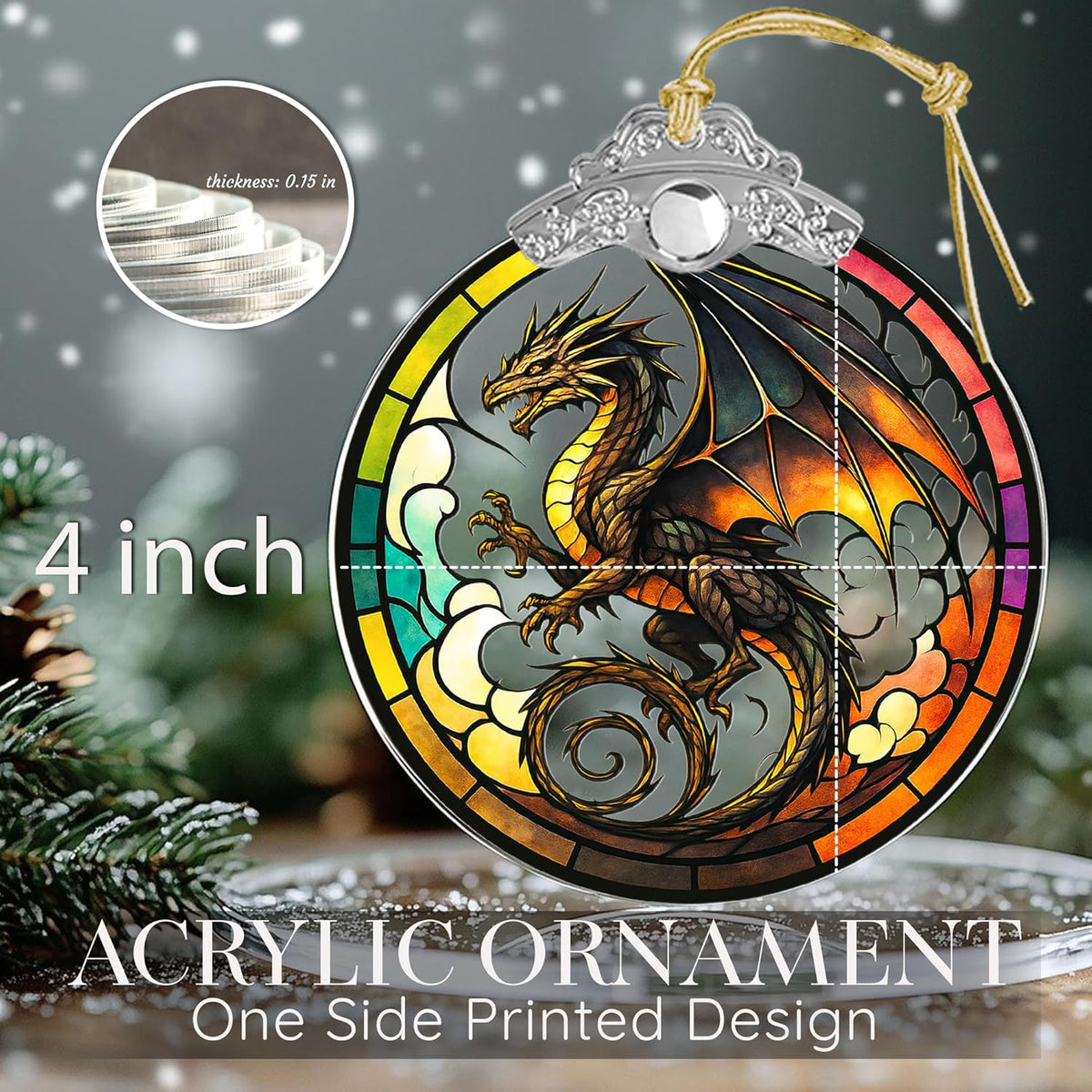Dragon Stained Art Window Hanging – Fantasy Dragon Ornament for Christmas Tree or Home Decor – ACOTAR Fourth Wing DnD Gift – Dungeons and Dragons Decor for Fans