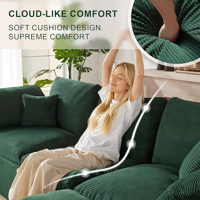 112" Cloud Sectional Couch, Boneless couches for Living Room, L Shaped Couch with Convertible Ottoman, Modular Sectional Sofa with Deep Seat, Comfy Soft Cushions, No Assembly, Green