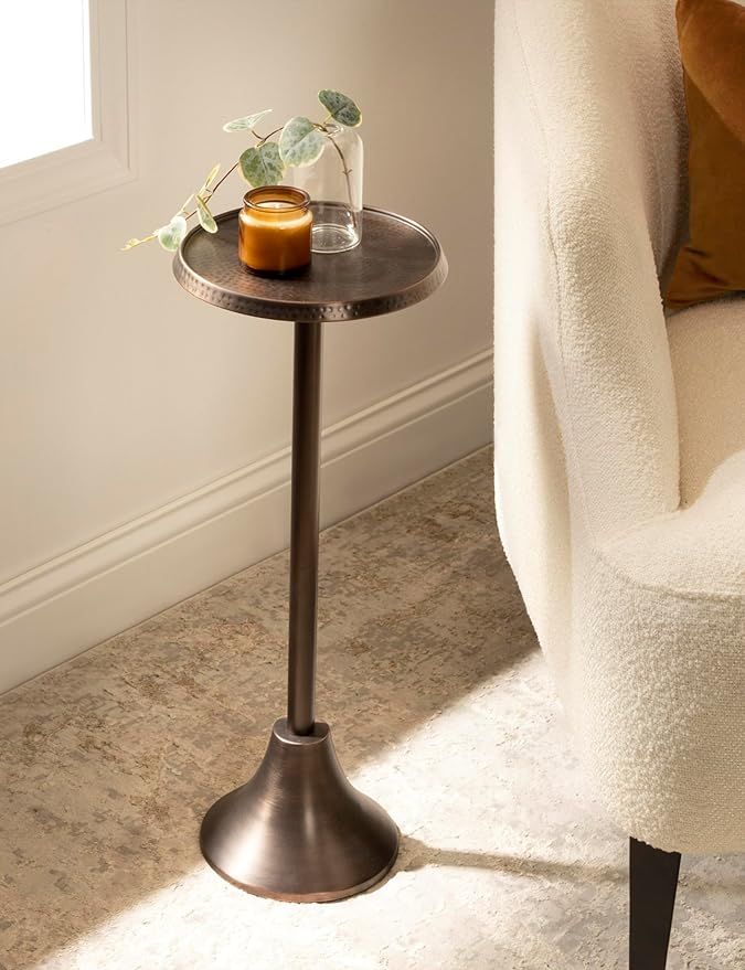 Kate and Laurel Sanzo Modern Pedestal Drink Table, 9 x 9 x 23, Bronze, Decorative End Table with Hammered Tabletop