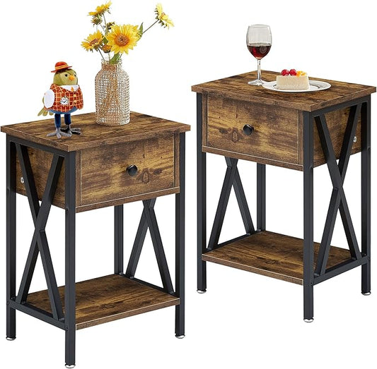 VECELO End Tables, Modern Nightstand with Drawer & Shelf, Night Stand for Bedroom Living Room,Industrial Metal Frame