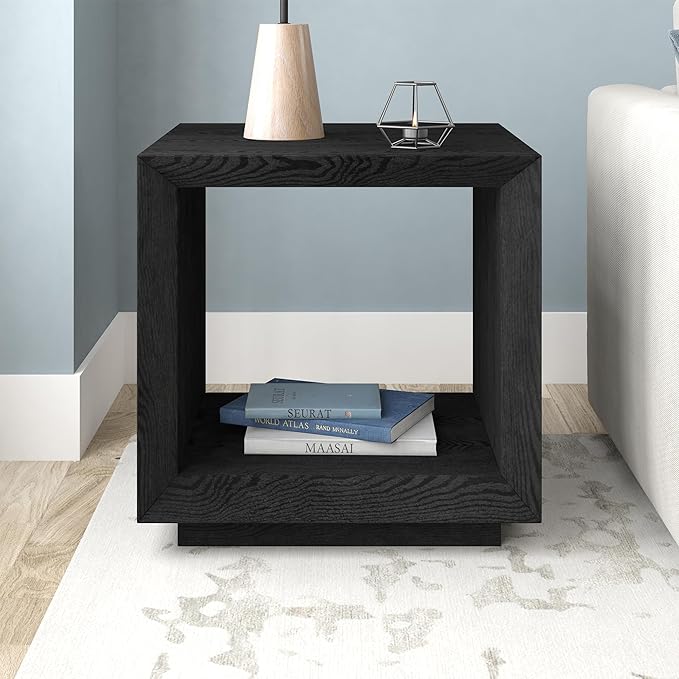 Henn&Hart 22" Modern Square Wooden End Table, Side Table, Nightstand with Open Display Shelf for Living Room, Office, Family Room, or Bedroom, Black Grain
