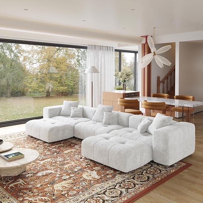 JACH 144.1 Inch U-Shaped Modular Sofa, Mid Century Modern Deep Seat Sectional Couch, 3-Seater Sofas with Chaise Ottomans for Living Room, Cozy Sofas for Apartment, Living Room (Linen Fabric, White)