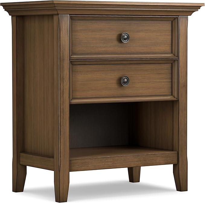 SIMPLIHOME Amherst Bedside Table - 24 inch Wide Solid Wood Nightstand Table in Rustic Natural Aged Brown, Transitional Bedroom Side or End Table with 2 Drawers, Open Storage Shelf and Bronze Hardware