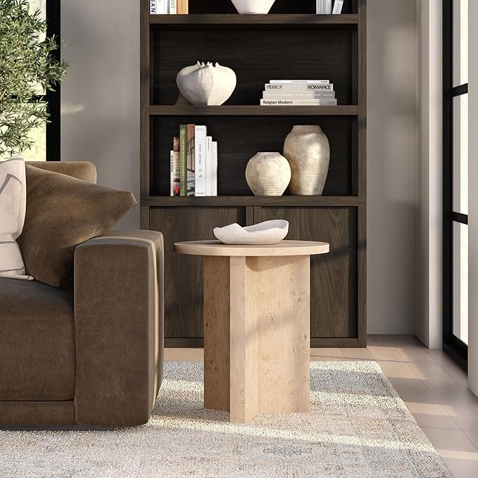 Henn&Hart 20" Scandinavian Round Wooden End Table, Side Table, Nightstand with X-Base for Living Room, Office, Family Room, or Bedroom, Blond Burl