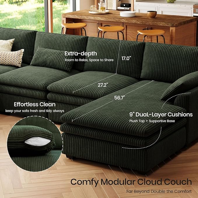 Belffin Large Modular Sectional Sofa with Double Deep Chaise, 135" Corduroy U Shaped Sectional Couch with 9" Soft Dual-Layer 6 Seats U Shaped Couch for Living Room, Apartment, Green