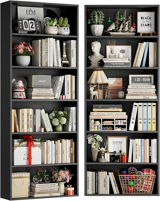 FOTOSOK 70.8" Tall Bookcase Shelf, 6 Tier Wide Bookshelf with Storage, Billy Bookcase Set of 2, Large Bookshelf for Living Room, Home Office, Black