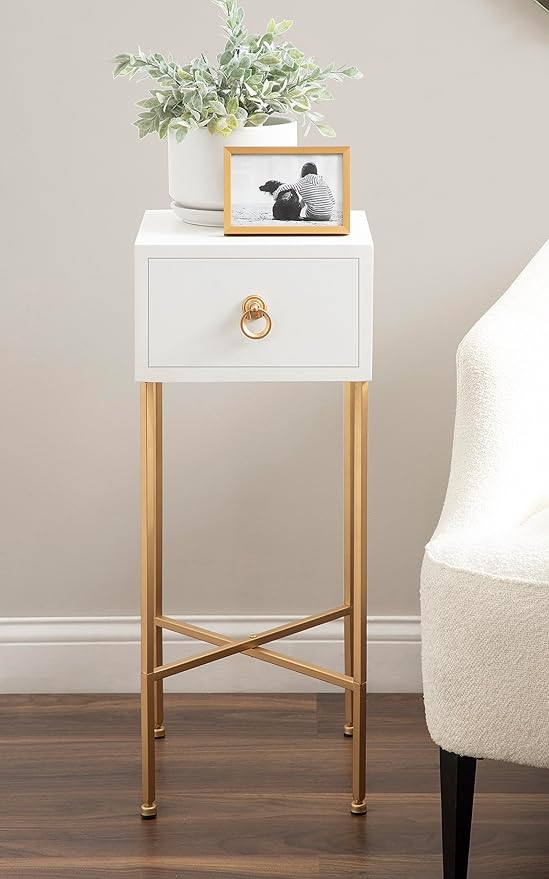 Kate and Laurel Decklyn Decorative Glam Tea Table; 12 x 12 x 30; White and Gold; Modern Living Room Drink Table with Pull Drawer for Useful Storage