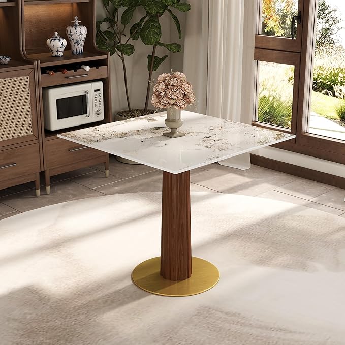 Sintered Stone Square Office Table - Meeting Desk for Small Offices (Dark Brown Leg and Pandora Top, 1 Table Only)