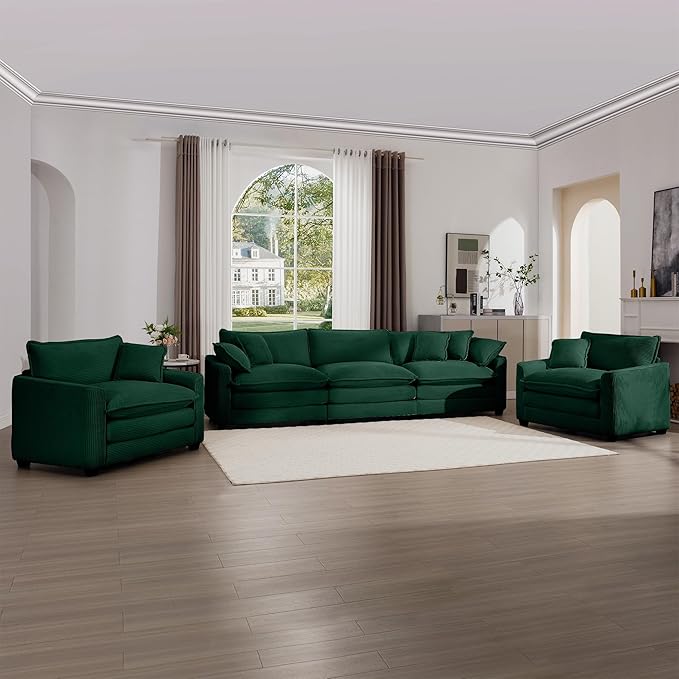mikibama Luxury 3 Piece Sofa Set, 3-Seater & 2 Single Sofa Set, Modern Corduroy Comfy Cloud Couches Set for Living Room Office with 2 Armrest Pillows and 5 Toss Pillows, Green
