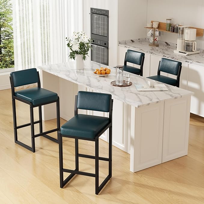 Bar Stools Set of 3, Faux Leather Counter Height Bar Stools with High Back and Metal Legs, Upholstered Bar Chairs, 26" Modern Barstools for Kitchen Island, Dark Blue