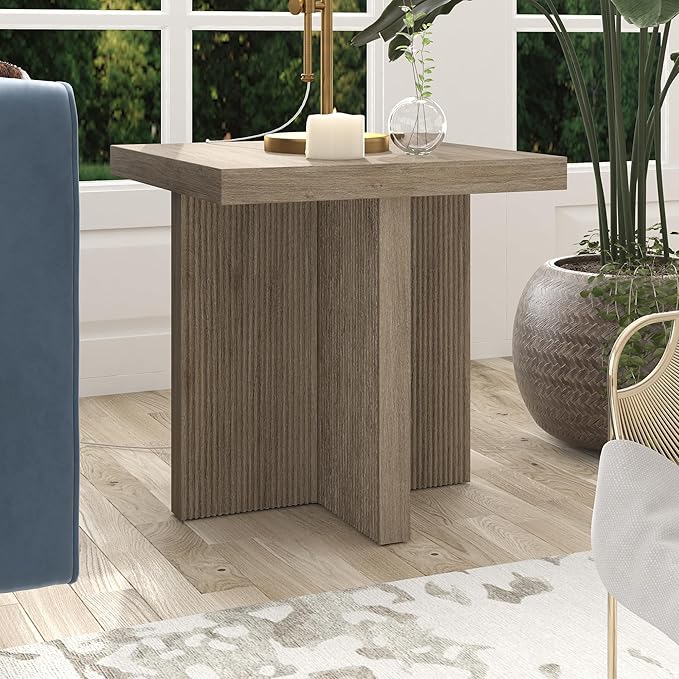 Henn&Hart 22" Wide Square Side Table in Antiqued Gray Oak, for Home, Living Room, Bedroom, Entertainment Room, Office