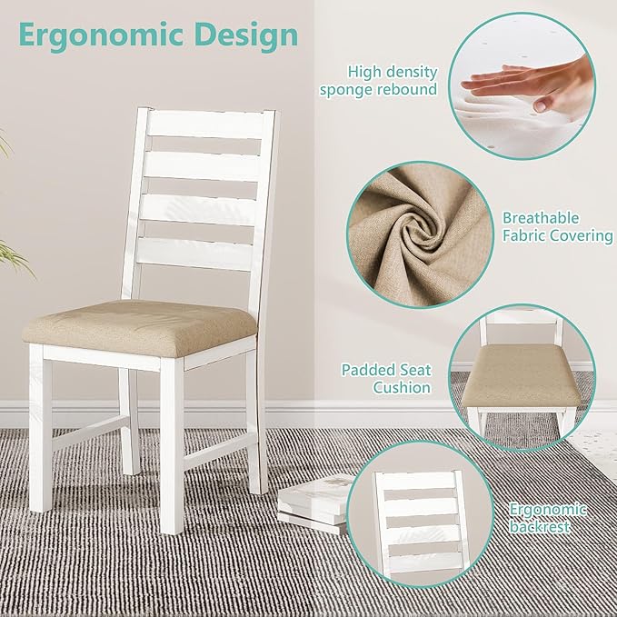 Farmhouse Dining Table Set for 6 Person, 59" Kitchen Table Set with 6 Upholstered Chairs, White Rectangular Dinner Room Table & Chairs Set Rustic Wood Stable (6 Chairs)