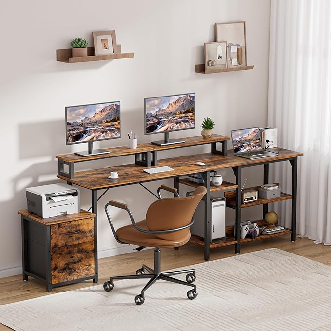 Office Desk L Shape with File Drawers&Power Outlet,YOUNGAR 69.3 Inch Reversible L Shaped Computer Desks,Corner L Shape or Long Desk Set up Monitor Stand &Storage Shelves, LED Lights &CPU Stand,Vintage