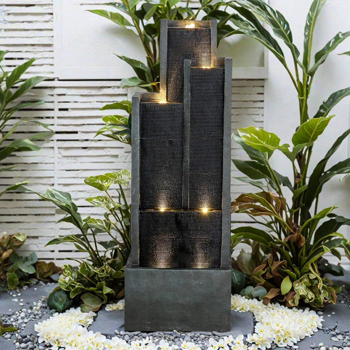 SunJet 5-Tiers Indoor/Outdoor Garden Water Fountain - 50.7inches Modern Floor-Standing Cascading Water Feature - Suitable for Deck, Patio, Porch, Yard Decor