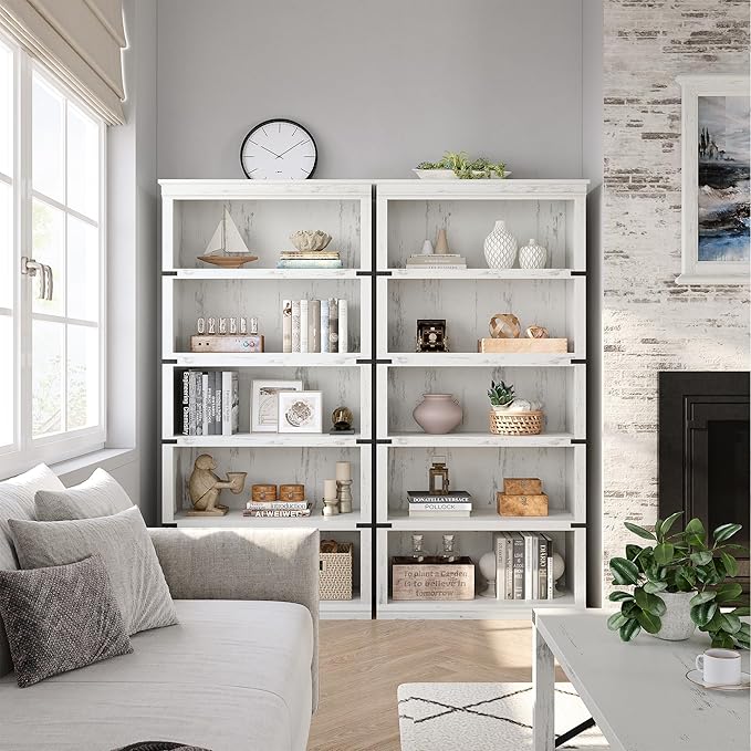 IDEALHOUSE 5 Tier Bookcase, Farmhouse Book Shelf with Storage, Tall Book Case Wooden 5 Shelf Bookcase for Home Office, Living Room, Bed Room (White, 67.4" H x 31.5" W x 12.8" D)