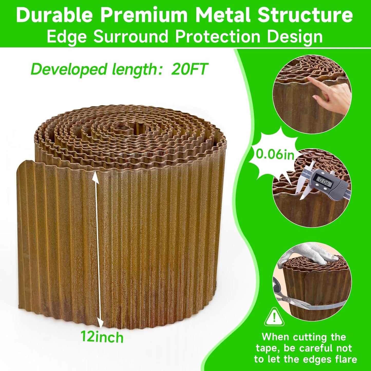 Corrugated Garden Edging, 12"×20Ft Pre-Rusted Landscape Edging & Lawn Edging Border, Metal Garden Border for Flower Beds, Garden，Lawn，Raised Beds & Tree Surrounds