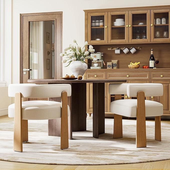 Upholstered White Velvet Dining Chairs Set of 2, Boho Modern Barrel Accent Armchairs, Thick Padded Seat & Natural Wooden Legs, Mid Century Inspired Kitchen/Dining Room Chairs, Creamy White