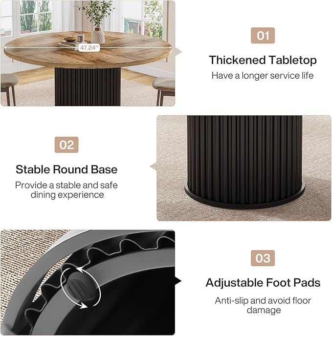 Tribesigns Round Dining Table for 4-6, 47-Inch Modern Circle Kitchen Table with Fluted Round Base, Farmhouse Wood Dinner Table for Dining Room, Kitchen, Living Room, Brown and Black