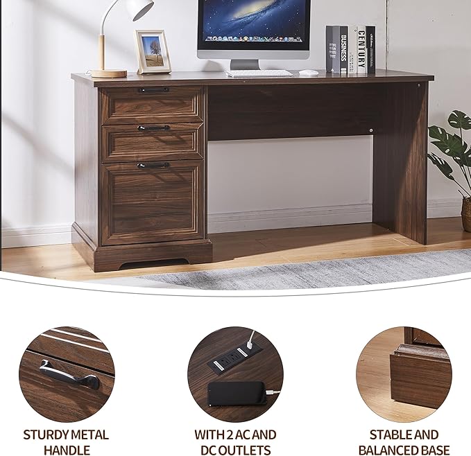 60" L-Shaped Executive Desk with 40" File Cabinet,Farmhouse Home Office Desk with Charging Station,Wood Computer Desk Set for Office Work,Home Study (Brown)