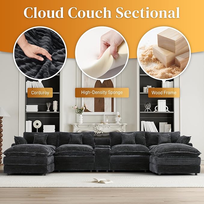 HYJT-H&K 145" U Shaped Cloud Couch Modular Dark Grey Sectional Couches for Living Room, Comfy Fluffy Corduroy Oversized Cloud Sectional Couch Large 6 Seat Sectionals Sofa Set Central Console USB Port