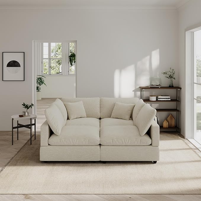 Cloud Couches Linen Sleeper Sofa Bed,Modern Sectional Sofa Couch for Living Room,Cushion Covers Removable,Cozy Feather Down Sofa for Apartment Beige