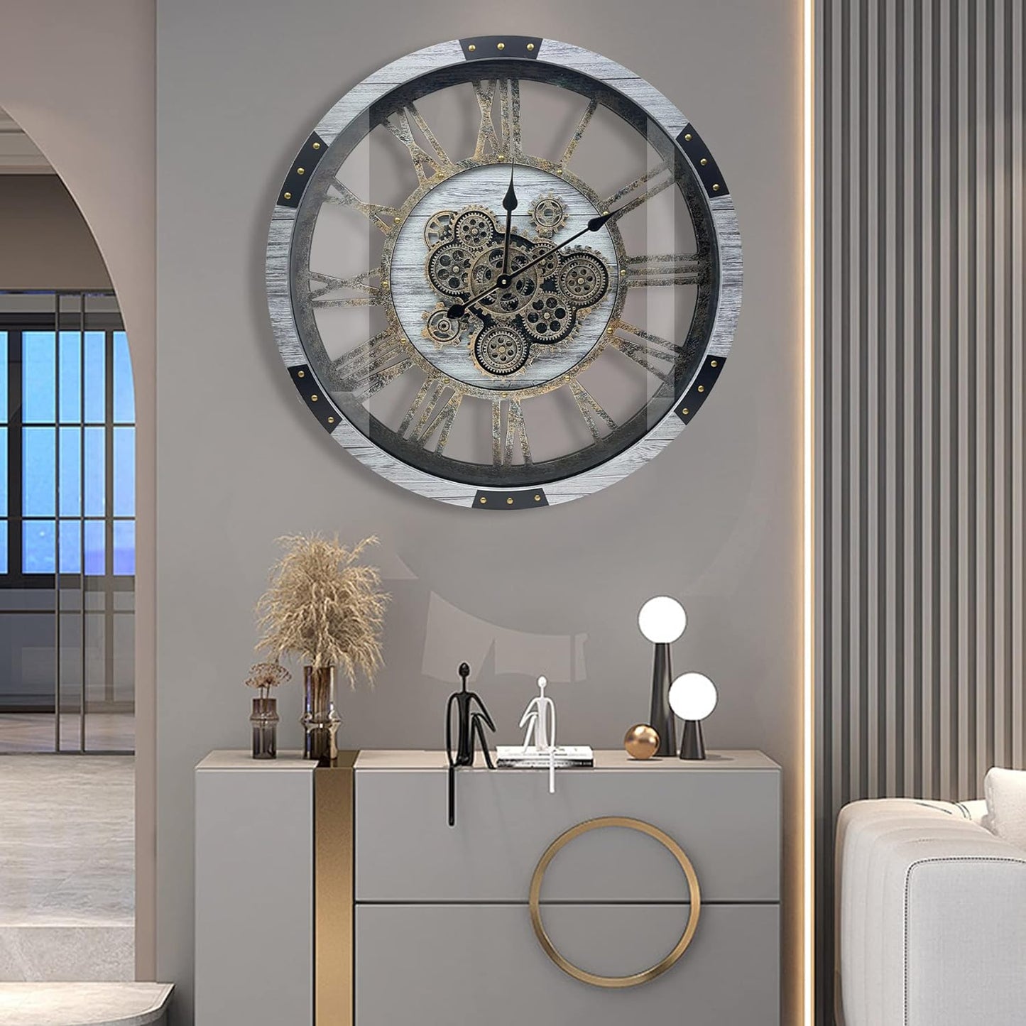 DORBOKER 36" Original Moving Gears Wall Clock, Large Industrial Wall Clock for Living Room Decor, Retro Metal Solid Wood Vintage Farmhouse Steampunk Rustic Clocks for Wall Decor,Silver Grey