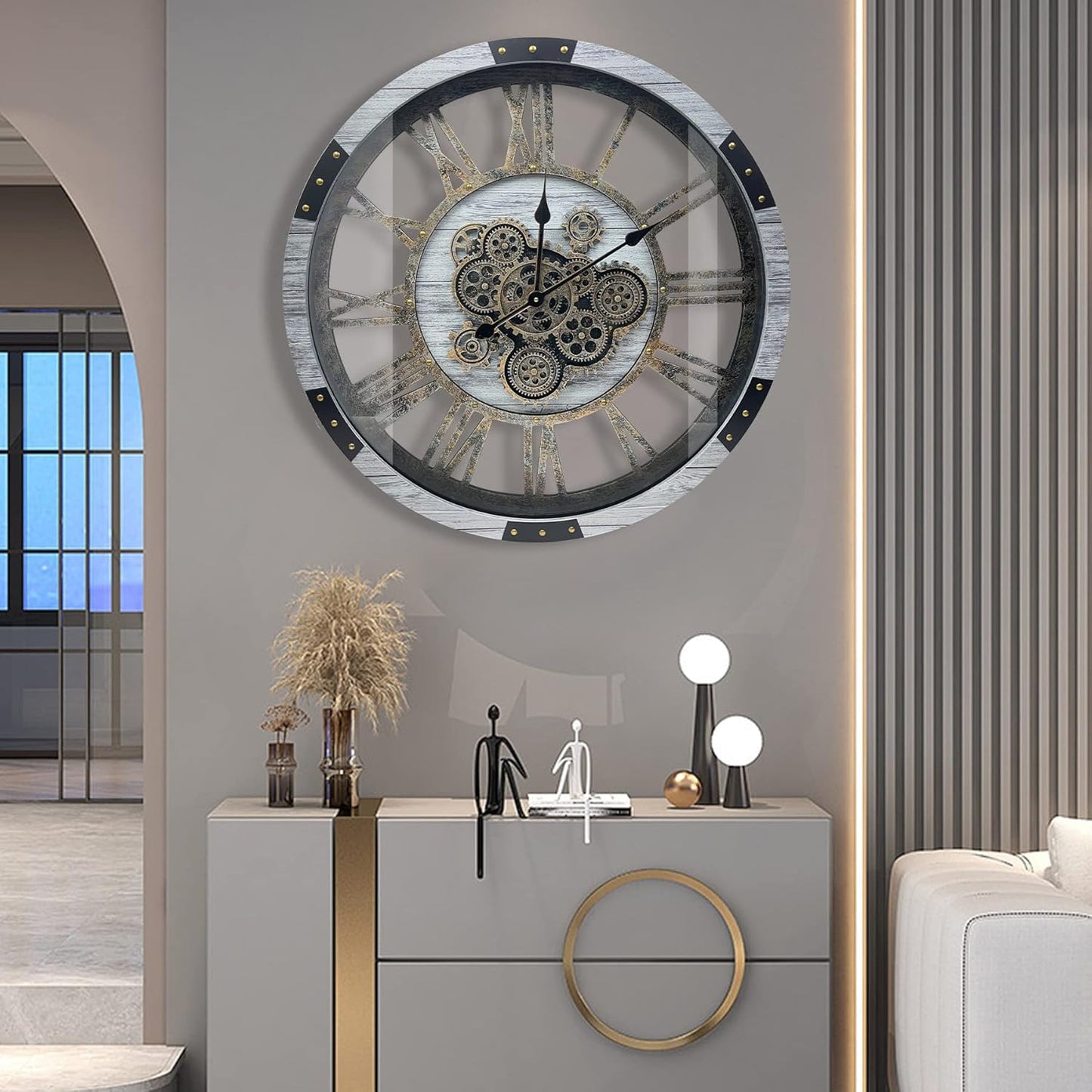 DORBOKER 40" Original Moving Gears Wall Clock, Large Industrial Wall Clock for Living Room Decor,Oversized Wood Vintage Farmhouse Steampunk Rustic Clocks for Wall Decor,Silver Grey