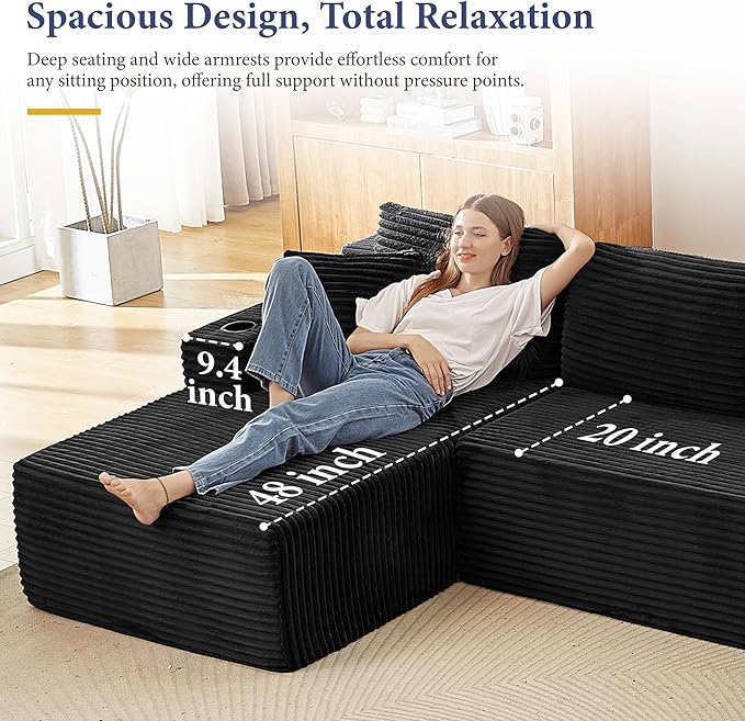 134''Oversized Modular Sectional Sofa Boneless Cloud Couch with Chaise Comfy Sectional Couches for Living Room,Bedroom,Apartment (Black, 134''W U-Shaped)