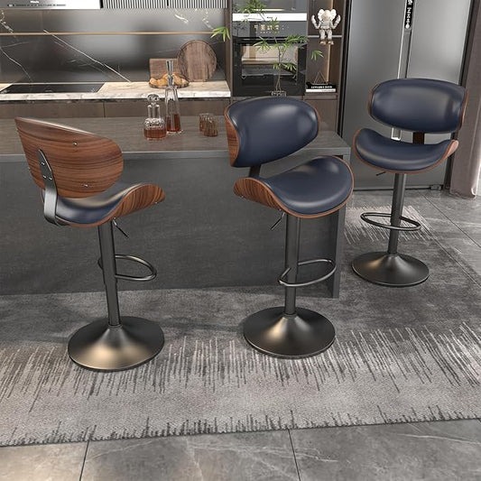 Mid Century Modern Bar Stools Set of 3, Counter Height Bar Stools, Barstools with Back for Kitchen Dining Room Bar, Brown Blue