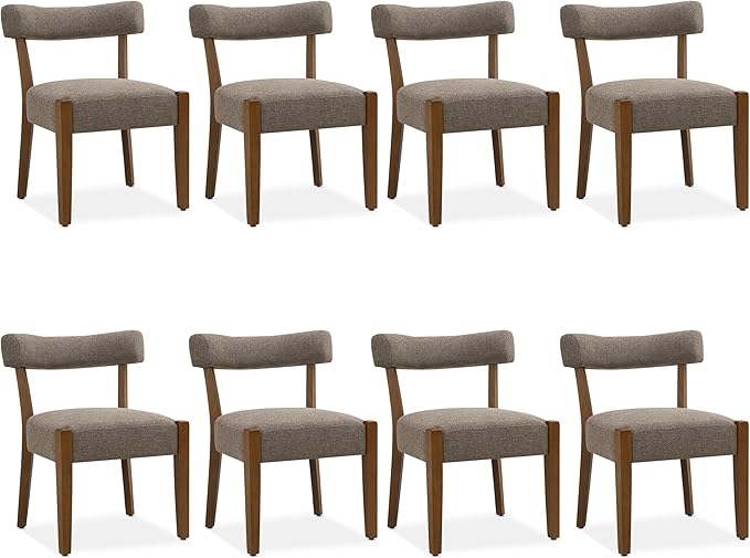 Modern Dining Chairs Set of 8, Walnut Upholstered Kitchen & Dining Room Chairs, Mid Century Wooden Dining Chairs Oversized Sturdy Fabric Rounded Chairs Curved Back, Tan Brown