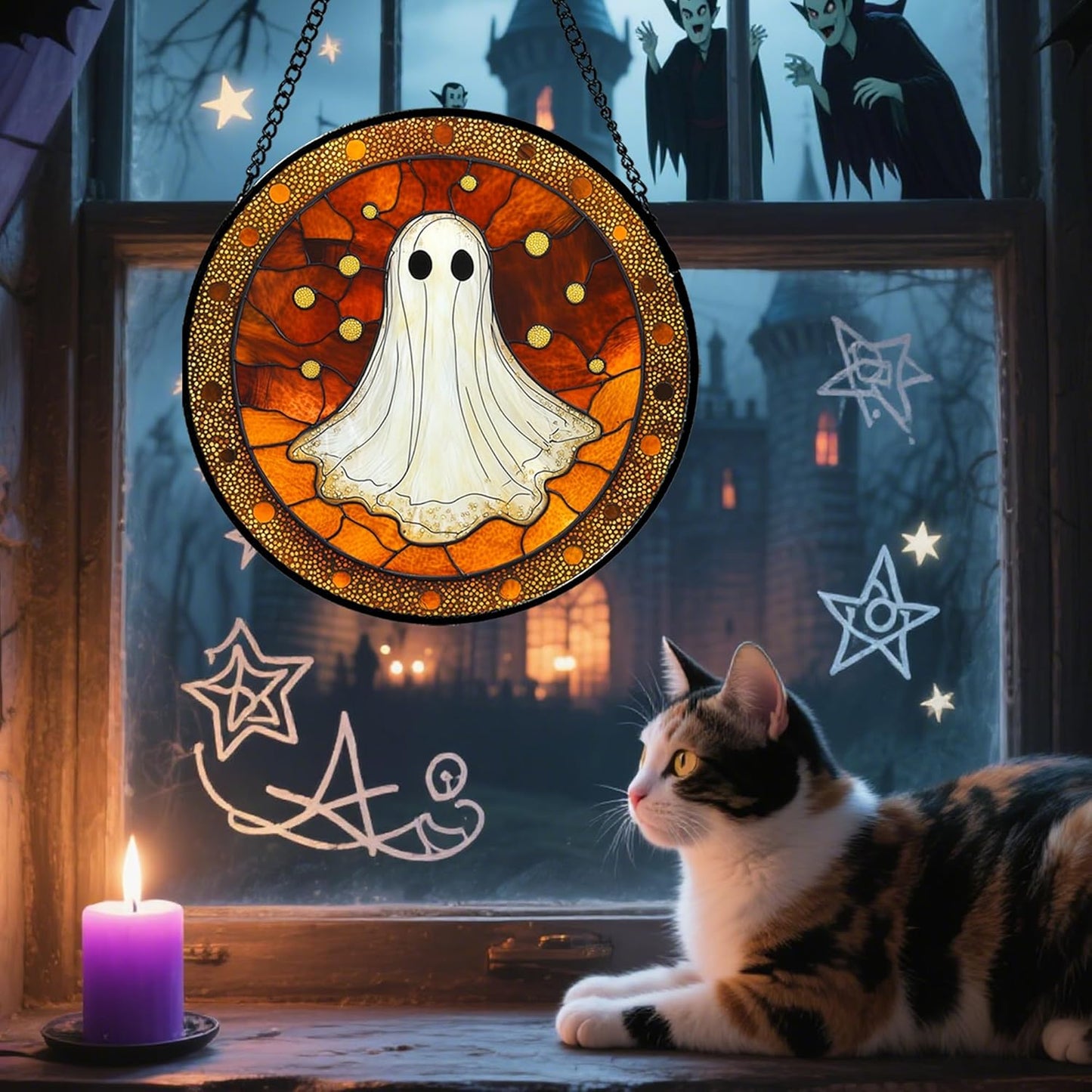 Stained Glass Window Hanging - Halloween Decorations White Ghost Suncatcher for Doors Garden Indoor Spooky Funny Orange Sun Catchers Gothic Decor Horror Gifts for Women Men Friend 7.8 in