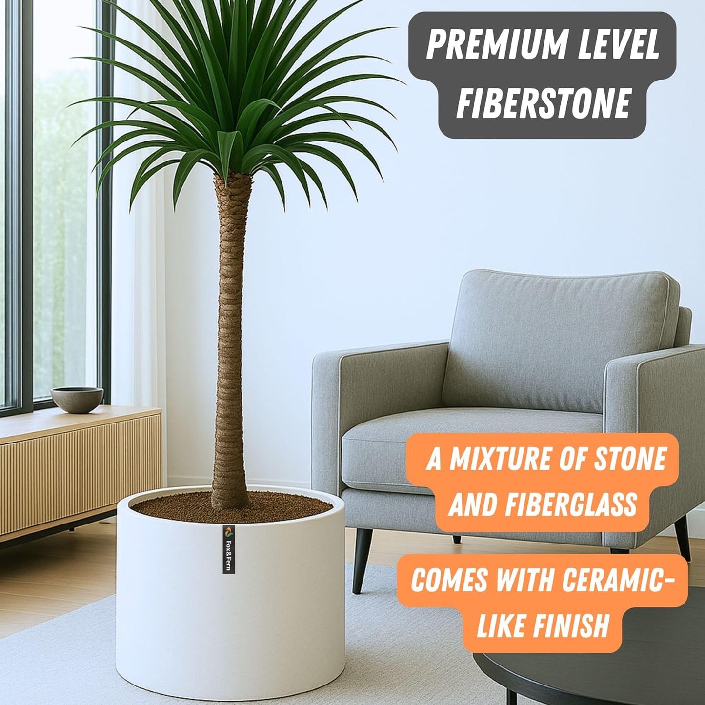Fox & Fern 18.7 Inch Extra Large Planter — Premium Lightweight Fiberstone Matte White Plant Pot with Drainage Plug; Extra Large Planter for Indoor & Outdoor Use; Weather Resistant & UV Resistant