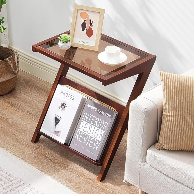 VEVOR End Table, Z-Shaped Rattan Woven Bamboo Coffee Table with Tempered Glass Top, 20” Modern Boho Storage Coffee Table with Natural Bamboo Legs, for Living Room, Bedroom & Small Spaces