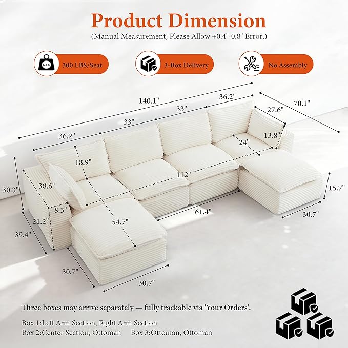 108" Sectional Couches for Living Room Boneless Couch Upholstered Cloud Couch Sectional Modular Sectional Sofa with L Shaped (Corduroy-White, 4 Seat+2 Ottoman)