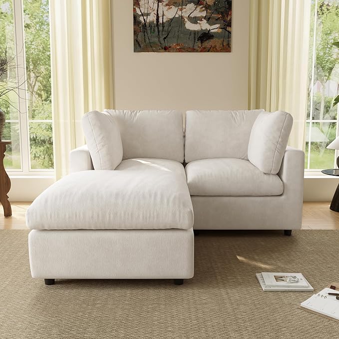 WJShome Sectional Couches for Living Room, 67 Inch Loveseat Sofa with Ottoman, Modern Chenille Fabric & Double Layer Cushions, Modular Couch for Apartment/Bedroom，Beige