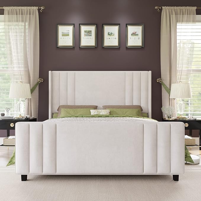 AMERLIFE King Size Bed Frame, Velvet Upholstered Platform Bed with Vertical Channel Tufted Headboard & Footboard/Wingback, Mattress Foundation with Wood Slats, No Box Spring Needed, Cream