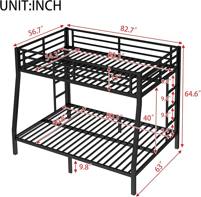 Bellemave Full XL Over Queen Bunk Bed for Adults, Full XL Over Queen Bunk Bed Frame with 2 Ladder and Full Length Guardrail, Easy Assemble, Mattress Not Included, Black