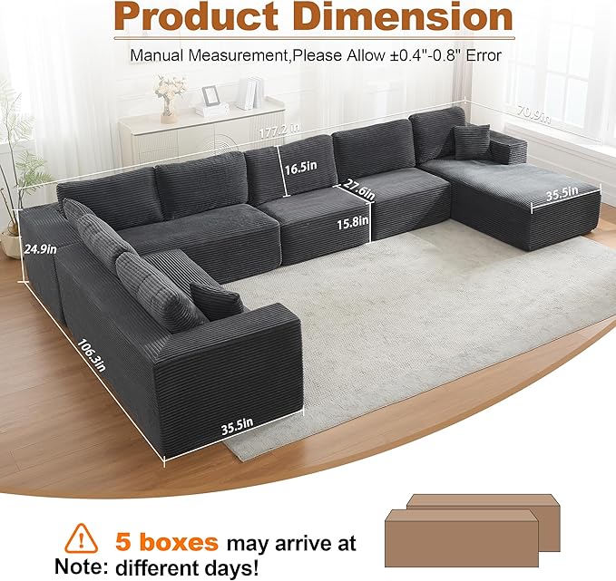Modular Sectional Cloud Couch for Living Room,Modern Boneless Couche Set with Plush Corduroy,Comfy Floor Sofa with Memory Foam,Stupendous U Shaped Sofa with Chaise,No Assembly Required,Grey