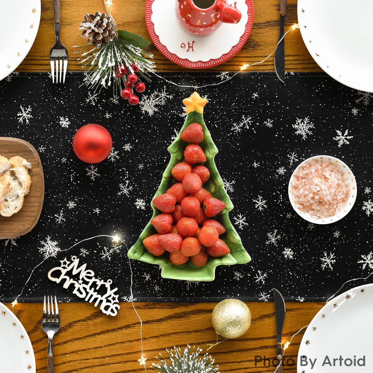 Artoid Mode Snowman Birds Trees Christmas Table Runner, Seasonal Black Winter Holiday Kitchen Dining Table Decoration for Home Party Decor 13 x36 Inch
