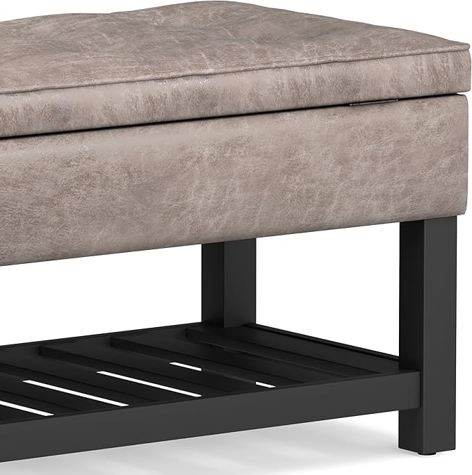 SIMPLIHOME Cosmopolitan Storage Ottoman Bench - 44 inch Wide Upholstered Vegan Leather Rectangle Storage Ottoman in Distressed Grey Taupe, Transitional Bench for Bedroom with Tufted Lift-Top and Shelf