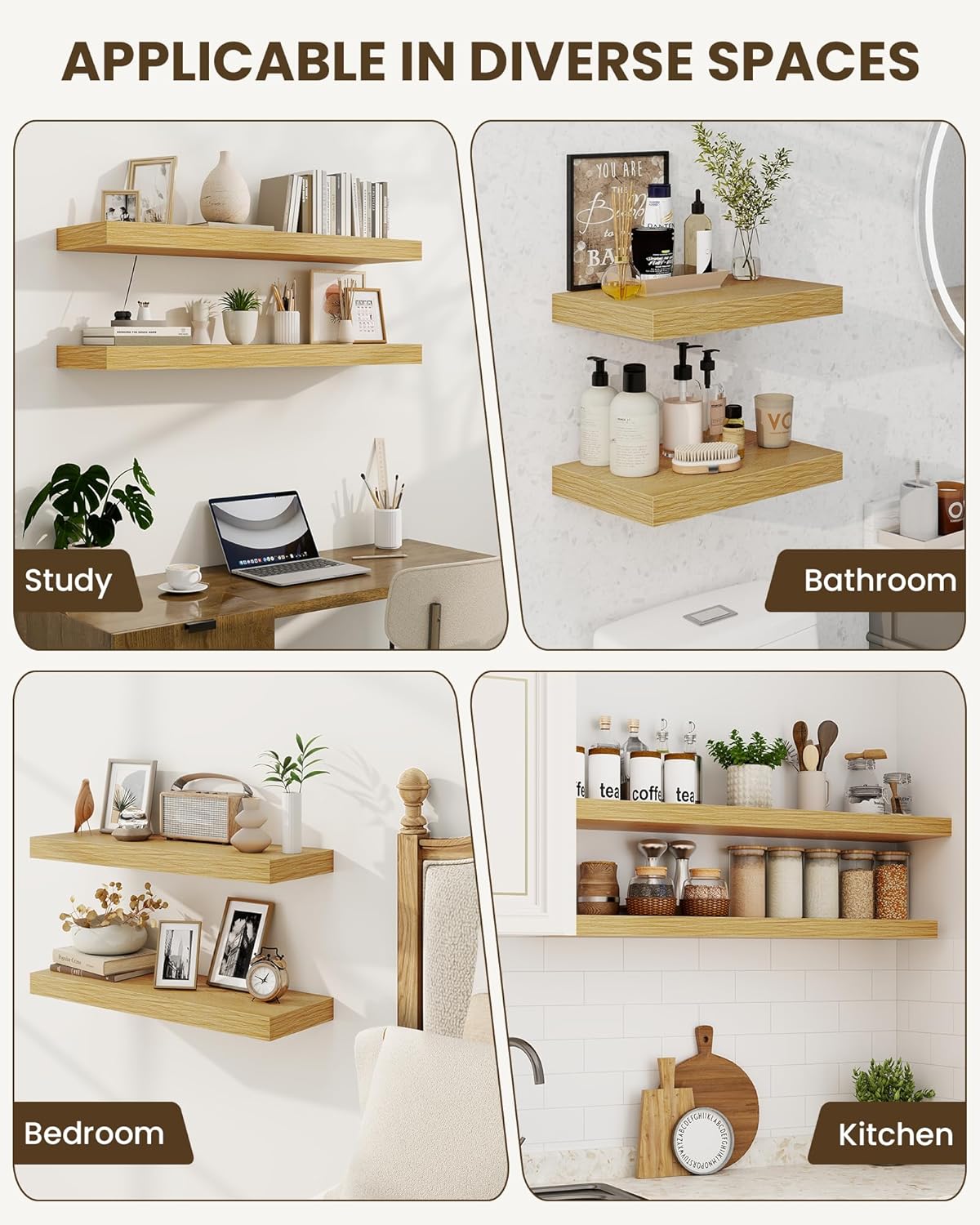 Marsmiles 16" Floating Shelves for Wall, Wooden Shelves with Invisible Brackets Set of 2, Rustic Farmhouse Wall Mounted Shelf for Kitchen Bathroom Living Room Study, Natural Oak
