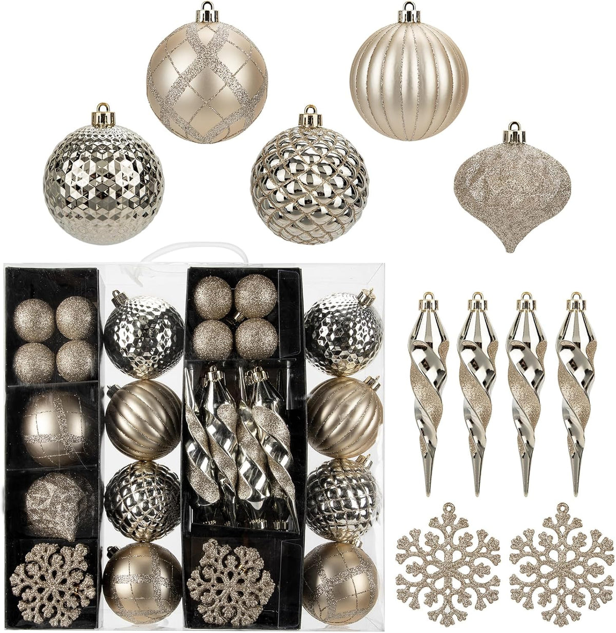 50PCS Christmas Tree Ornaments Set with Shatterproof Balls Icicle Snowflake Hanging Ornaments for Home Office Farmhouse Christmas Decorations, Champagne