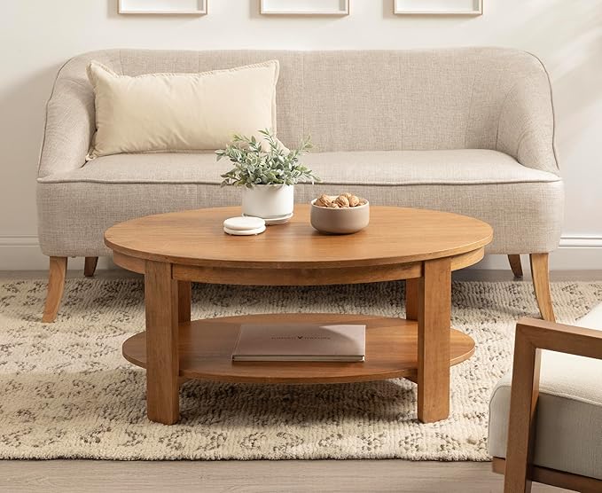 Kate and Laurel Foxford Modern Tiered Oval Coffee Table; 38 x 24 x 18; Natural Brown; Transitional Two-Tier Living Room Table with Storage and Resilient Wood Construction