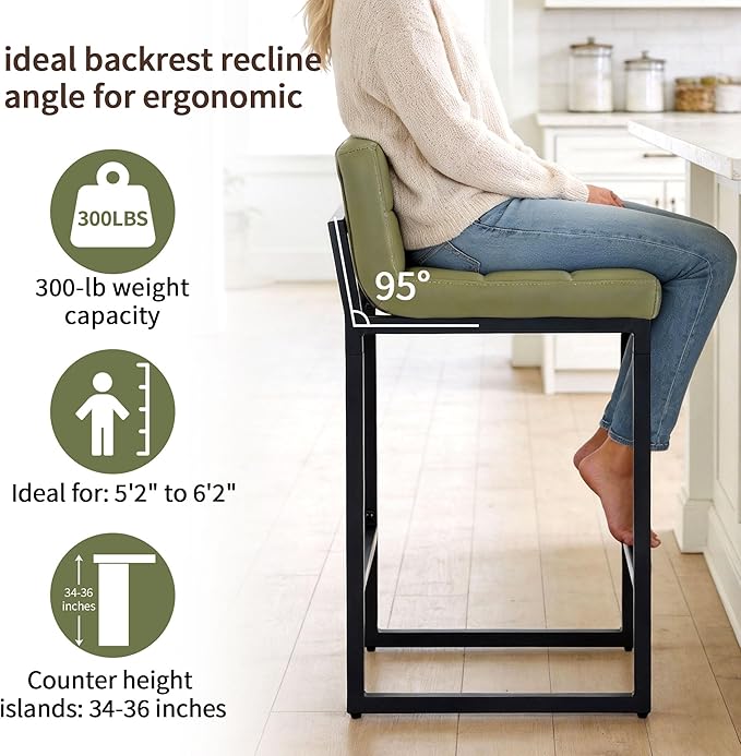 Counter Height Bar Stools Set of 4, Modern Counter Stools with Back and Thickened Metal Legs, Armless Bar Chairs for Kitchen Island (Avocado Green, 4Pcs 26" Bar Stools)