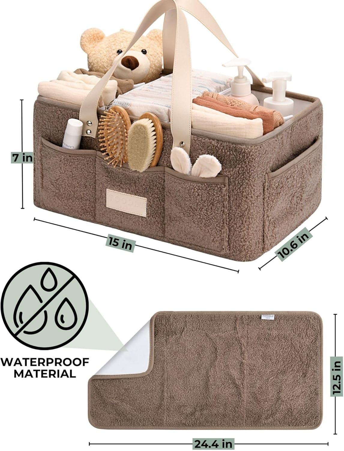 Baby Diaper Caddy Organizer with Portable Changing Mat - Teddy Fleece Diaper Organizer for Changing Table - Basket for Changing Essentials - Baby Essentials Organizer with Removable Dividers