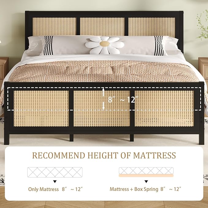Rattan Bed Frame Queen, Boho Queen Bed Frames with Headboard, Metal Platform Bed Frame Queen Size with Strong Slats Support, No Box Spring Needed, Noise Free, Easy Assembly, Black