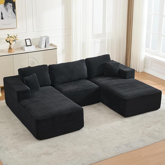 Modular Sectional Cloud Couch for Living Room,Modern Boneless Couche Set with Plush Corduroy,Comfy Floor Sofa with Memory Foam,Stupendous U Shaped Sofa,No Assembly Required,Black
