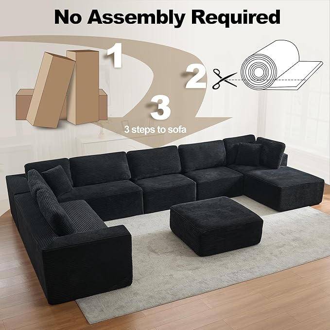 Modular Sectional Cloud Couch for Living Room,Modern Boneless Couche Set with Plush Corduroy,Comfy Floor Sofa with Memory Foam,Stupendous U Shaped Sofa with Ottoman,No Assembly Required,Black
