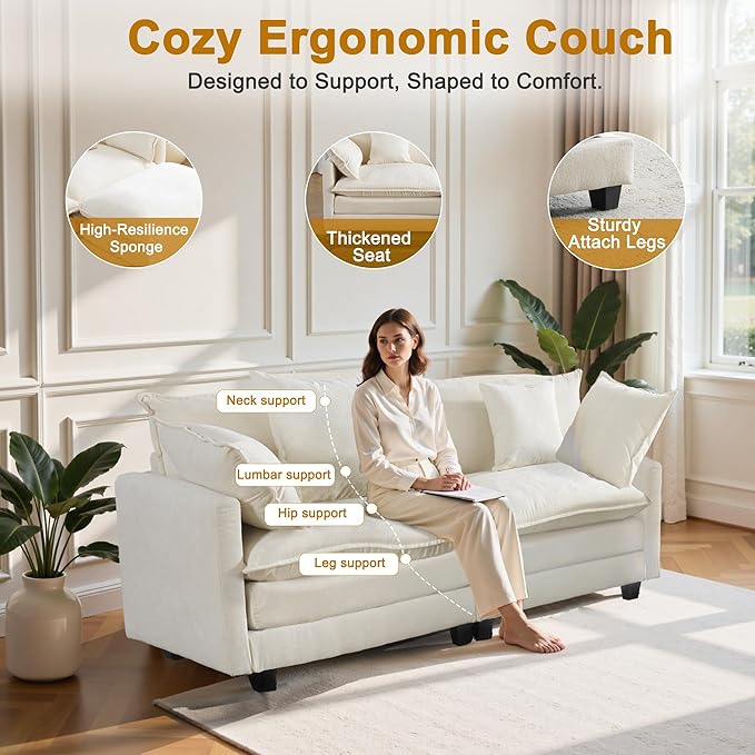 77" Cloud Chenille Sofa Set with Pillows, Deep Seat Loveseat Couch for Apartments, Space Saving 2-Seater with Solid Wood Frame, Easy Assembly (1YR Guarantee)