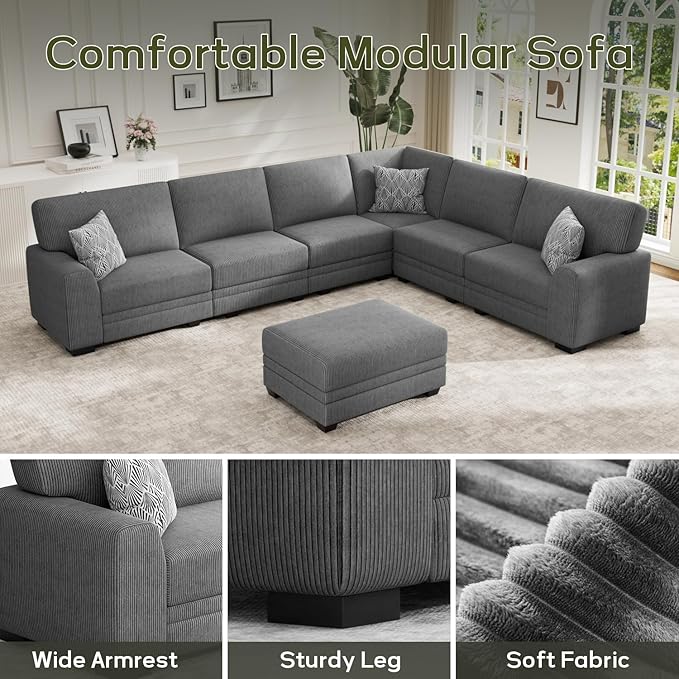 Wanderwell Oversized Modular Sectional Sofa, 7-Seater U Shaped Couches with Movable Ottoman,Corduroy Sectional Couch with Wide and Deep Seats Suitable for Living Room,Bedroom,Apartment (Grey, L-7)